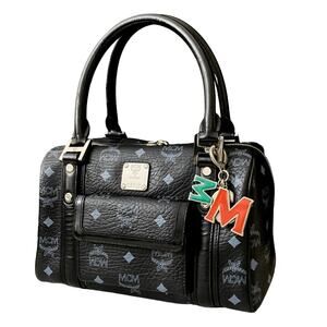 MCM Boston Satchel Black Visetos Monogram Vtg Leather Bag Gold Hardware